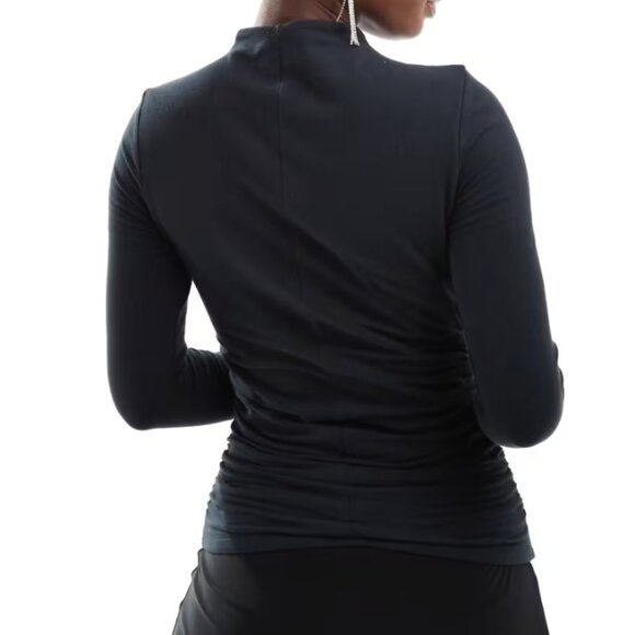 Abercrombie & Fitch Mock Neck Long Sleeve Top Sweater Black Side Ruching Small - Picture 6 of 6